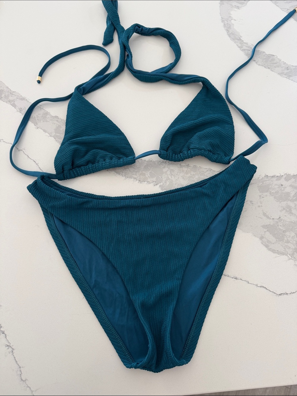 Vitamin A Teal Ribbed Triangle Bikini Set